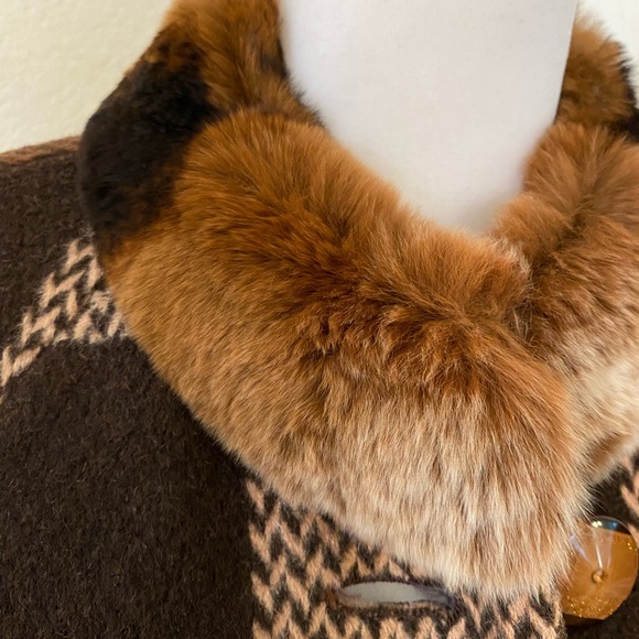 Alpaca Fashion Classic Basynu Lapin fur collar plaid coat, brown/beige Size M - Picture 4 of 16